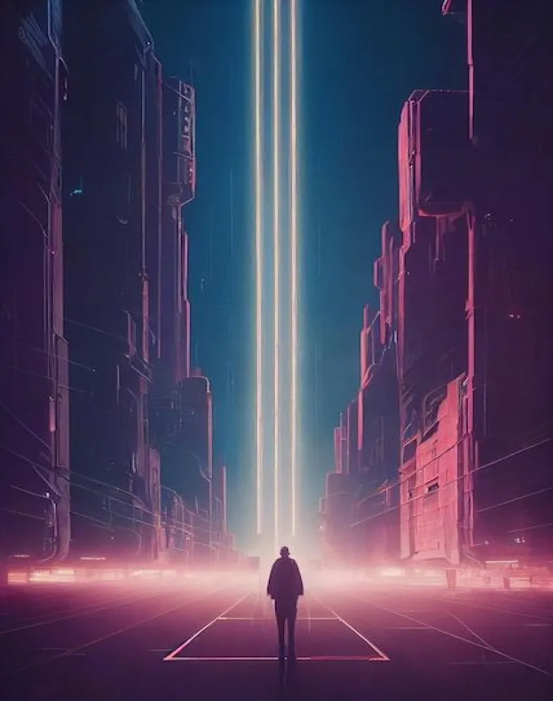 Image of a person facing a futuristic city with the site name: Future Relic at the top