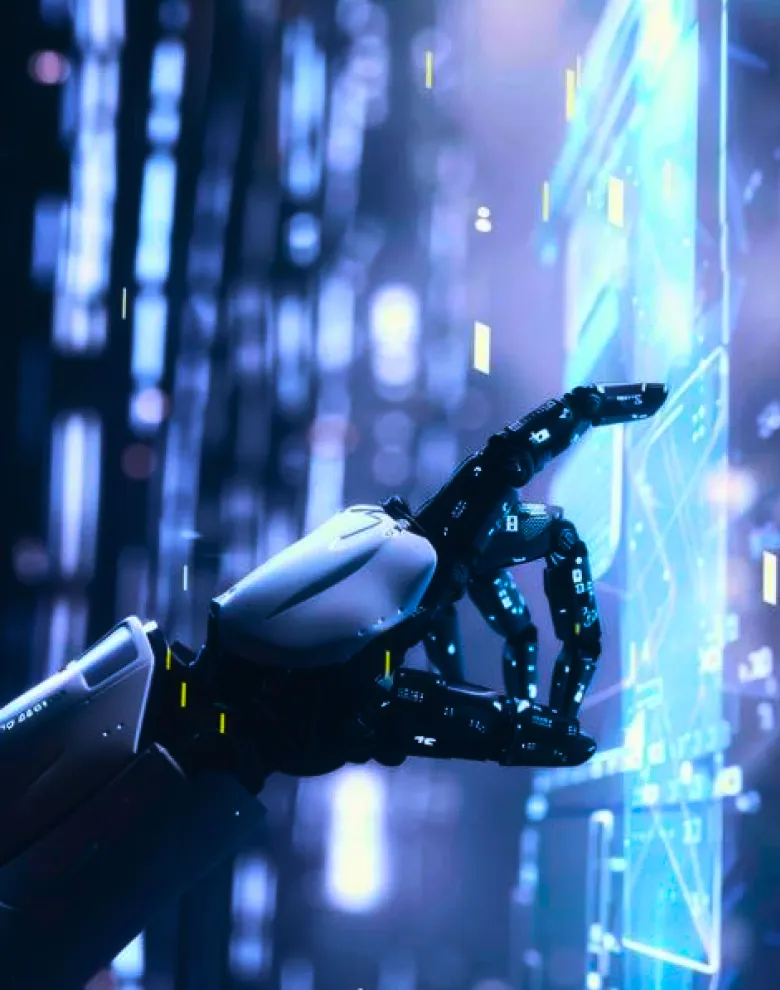 Image of a robotic hand touching a virtual screen