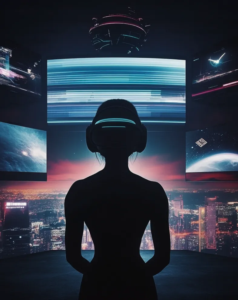 Futuristic image of a person watching three levitating screens